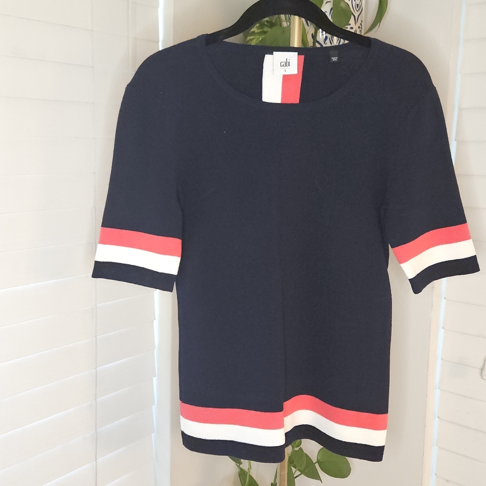 CAbi Hampton Shell Navy Blue Nautical Striped Short Sleeve Sweater